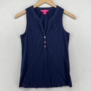LILLY PULITZER Tank Top 2XS Essie Palm Beach Slub Popover Smocked Cotton Blue